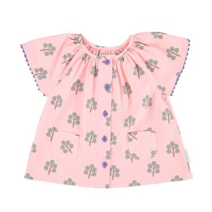 Blouse Butterfly Sleeves Pink Green Trees