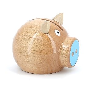 Natural Wood And Blue Pig Money Box
