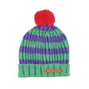 Knitted Hat W/ Pompon Green & Purple Stripes
