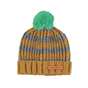 Knitted Hat W/ Pompon Camel & Grey Stripes
