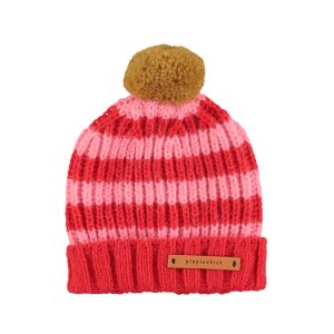 Knitted Hat W/ Pompon Red & Pink Stripes