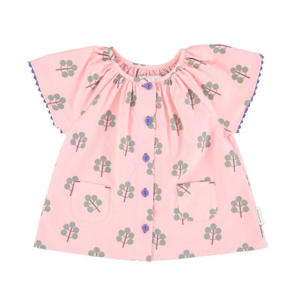 blouse w/ butterfly sleeves | pink w/ green trees,3y блузка с рукавами-бабочками | розовый с зелеными деревьями