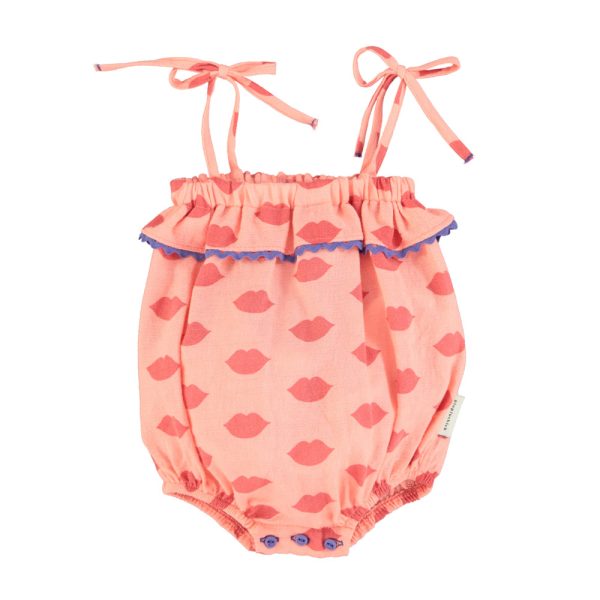 baby romper w/ ruffles | coral w/ red lips,18m детский комбинезон с рюшами | коралловый с красными губами,
