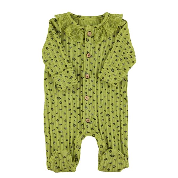 Newborn babygrow w/ collar | Olive green w/ little flowers / 6M