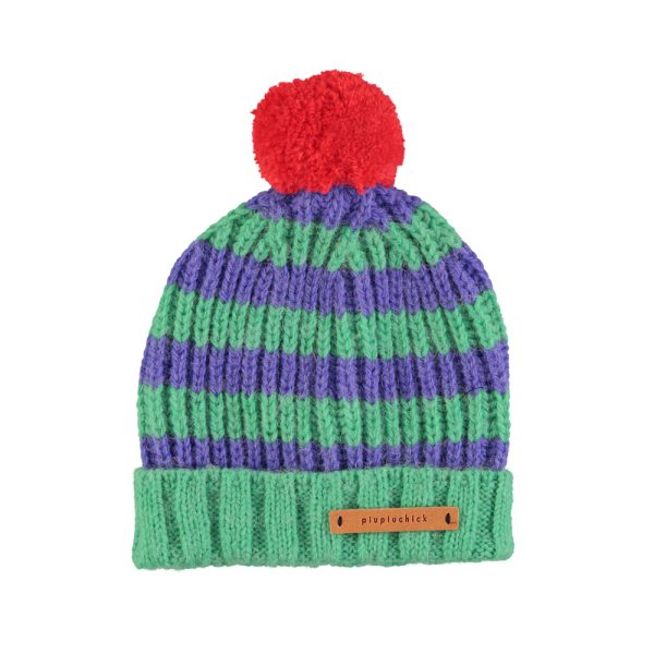 Knitted hat w/ pompon | Green & purple stripes / S (baby)