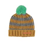 Knitted hat w/ pompon | Camel & grey stripes / M (kid)