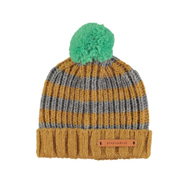 Knitted hat w/ pompon | Camel & grey stripes / M (kid)