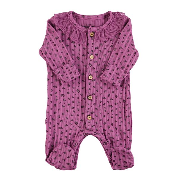 Newborn babygrow w/ collar | Magenta w/ little flowers / 6M