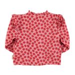Blouse w/ frills on shoulders | Light pink w/ red apples / 6Y