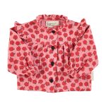 Blouse w/ frills on shoulders | Light pink w/ red apples / 6Y
