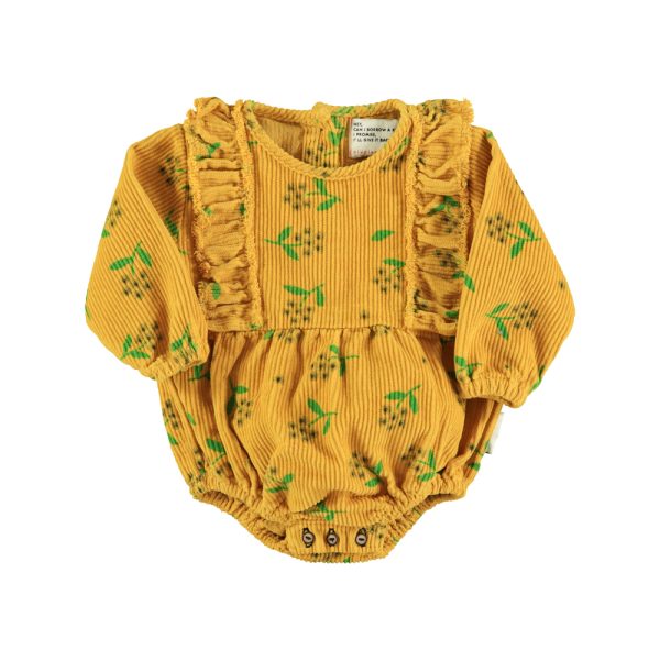 Long sleeve romper | Yellow mustard w/ flowers allover / 12M