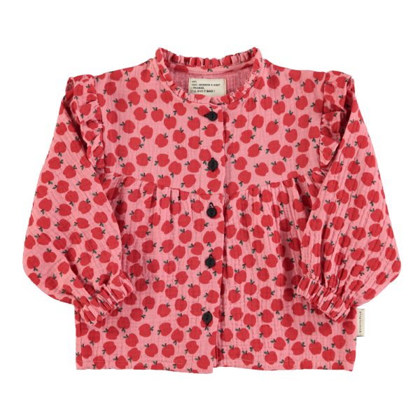 Blouse w/ frills on shoulders | Light pink w/ red apples / 6Y